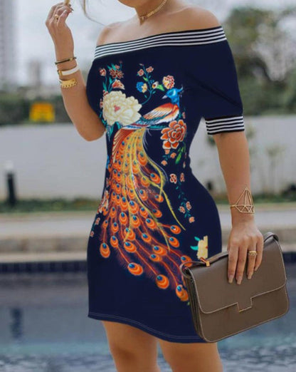 Robe femme épaules dénudées – Coupe slim – Mini – Imprimé graphique