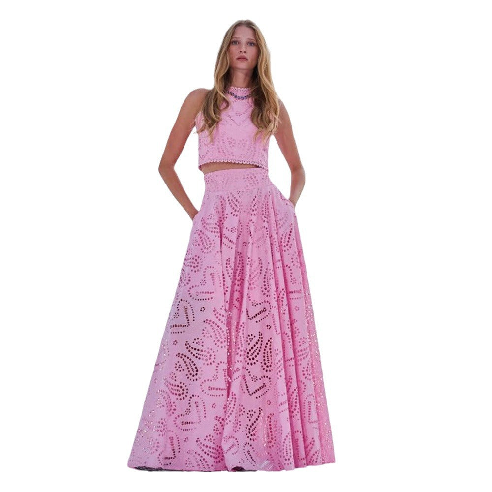 Ensemble Femme Deux Pièces – Tissu Respirant – Haut Court Sans Manches – Jupe Longue Évasée – Détail Broderie