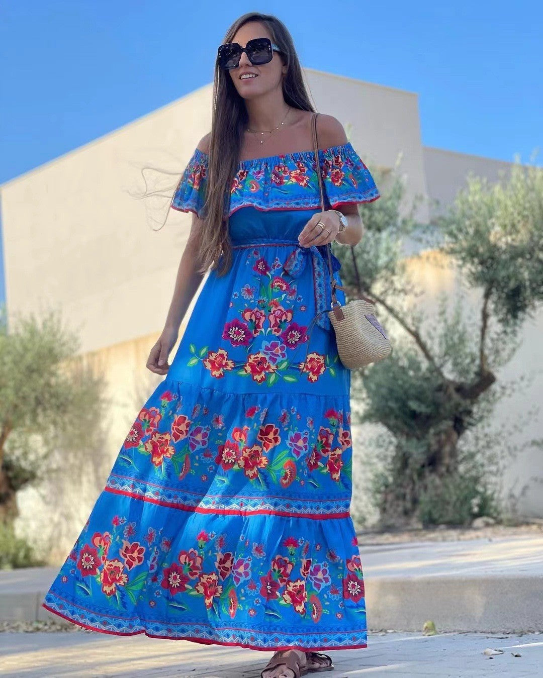 Robe longue femme – Épaules dénudées – Imprimé fleuri – Ceinture taille ajustable