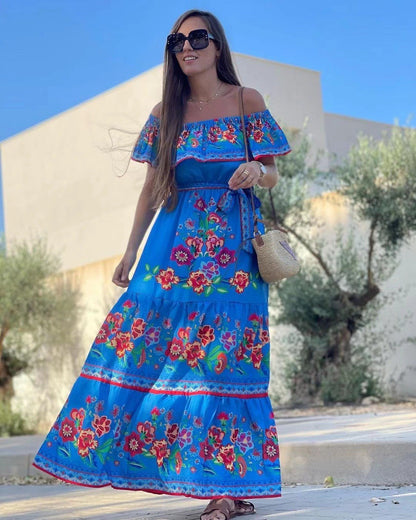 Robe longue femme – Épaules dénudées – Imprimé fleuri – Ceinture taille ajustable