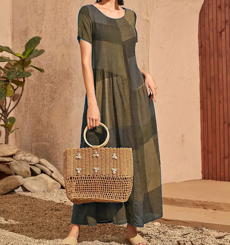 Robe longue femme – Coupe ample évasée – Coton – Manches courtes – Imprimé à carreaux