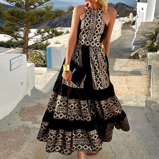 Robe longue femme – Col licou – Style bohème – Imprimé géométrique – Tissu respirant
