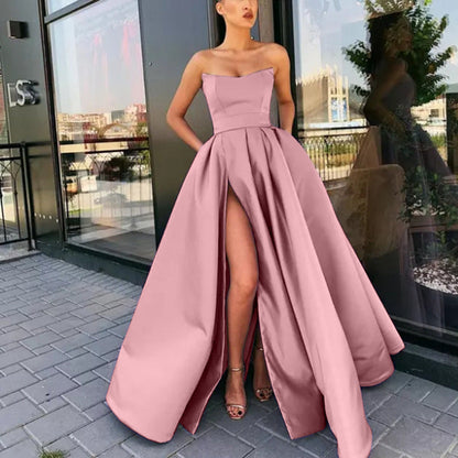 Robe de soirée femme – Bustier structuré – Tissu luxueux – Jupe évasée à fente