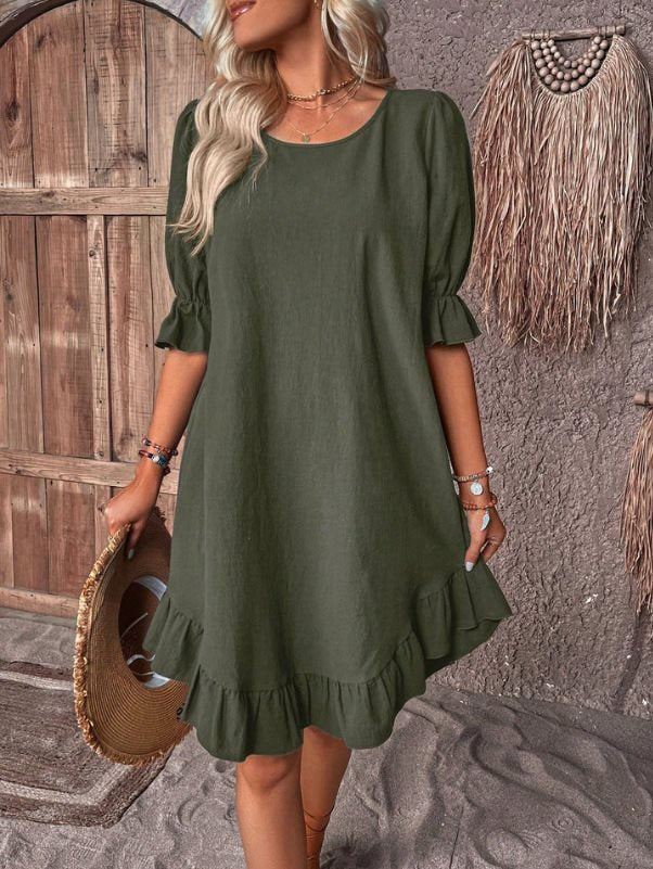 Robe midi femme – Coupe ample – Manches volantées – Ourlet fluide – Tissu respirant