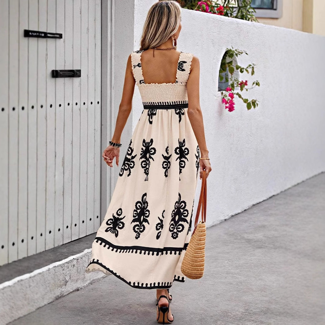 Robe longue femme – Coupe ample – Coton – Imprimé bohème – Bretelles volantées
