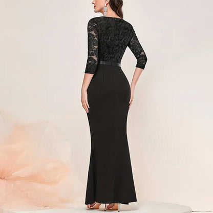 Women's evening dress – Fitted cut – Lace – High slit – Asymmetrical ruffle