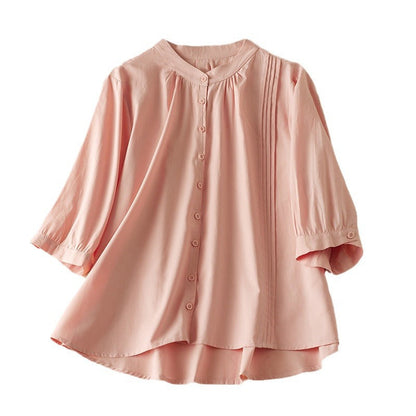Chemise Femme Manches Mi-Longues – Coupe Ample – Col Montant – Tissu Naturel – Plis Décoratifs