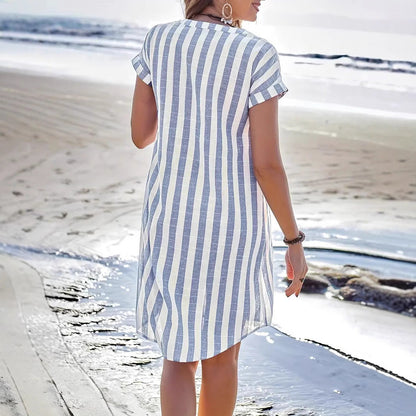 Robe chemise femme – Coupe droite – Tissu respirant – Rayures verticales – Col V