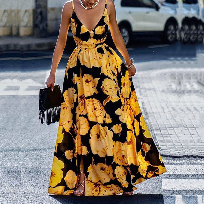 Robe longue femme – Coupe évasée – Bretelles fines – Décolleté plongeant