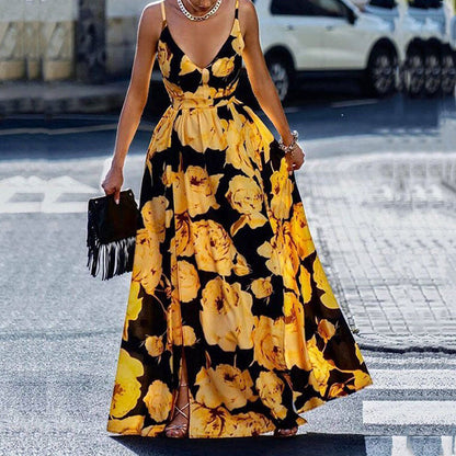 Robe longue femme – Coupe évasée – Bretelles fines – Décolleté plongeant