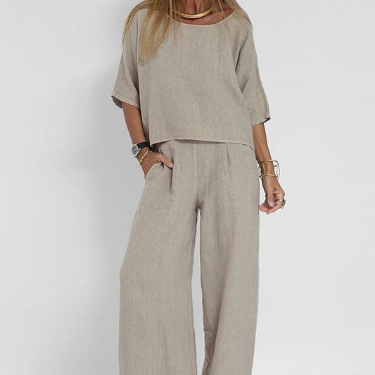 Ensemble femme deux pièces – Lin mélangé – Coupe ample – T-shirt manches courtes & pantalon large