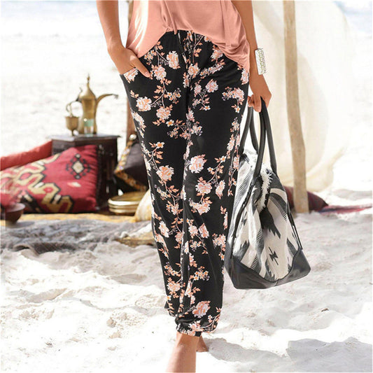 Pantalon femme – Coupe décontractée – Maille douce – Imprimé fleuri – Taille élastique
