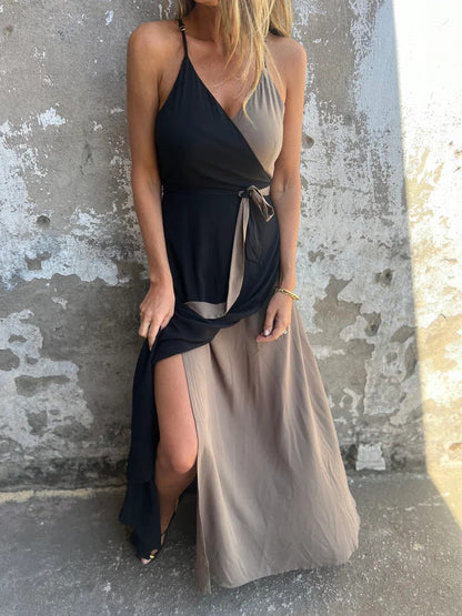 Robe longue femme – Tissu luxueux fluide – Col halter – Taille portefeuille – Ourlet asymétrique