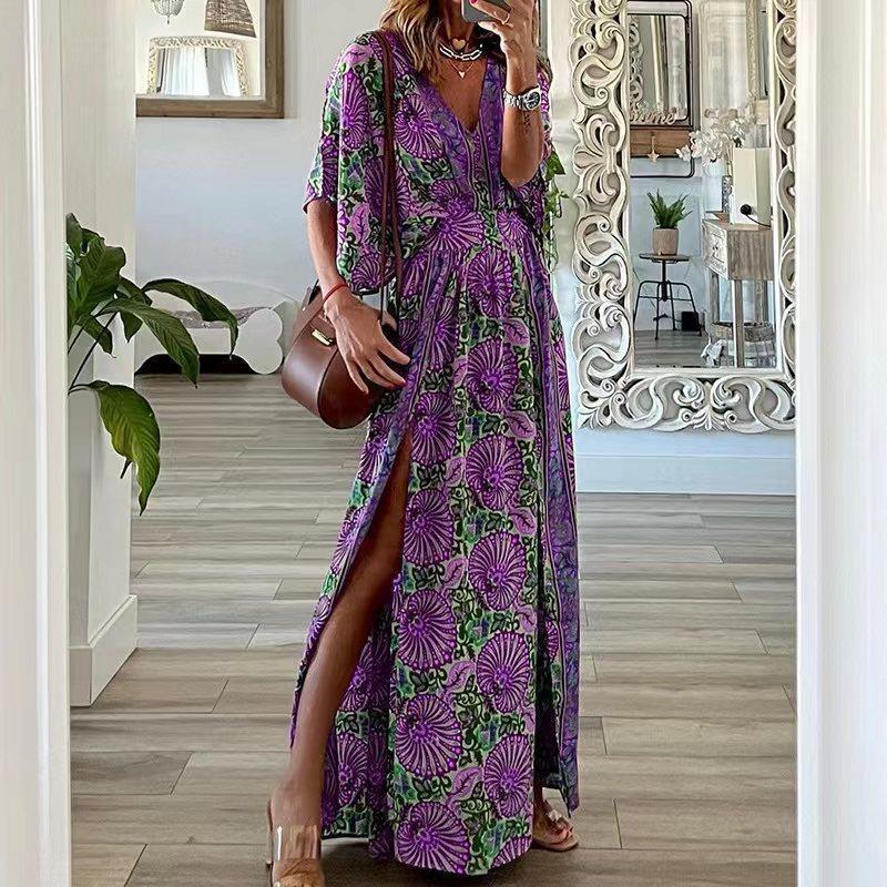 Robe longue femme – Imprimé bohème – Col en V – Manches courtes – Coupe fluide