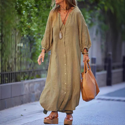 Robe longue femme – Coupe ample – Tissu respirant – Col en V – Manches longues