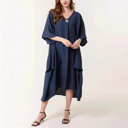 Robe Tunique Femme – Coupe Ample – Tissu Respirant – Manches Courtes – Col V Midi