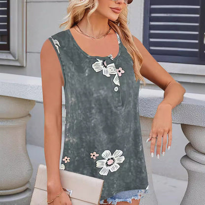 Top sans manches femme – Coupe décontractée – Col rond – Imprimé fleuri – Coton