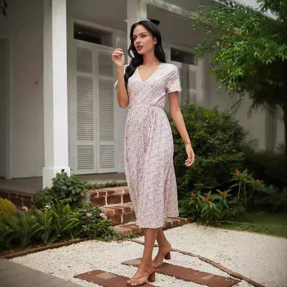 Robe midi femme – Décolleté en V – Motif fleuri – Coupe ample – Tissu respirant