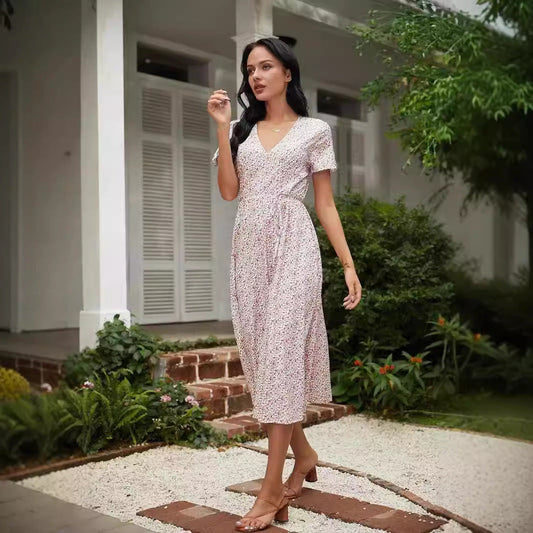 Robe midi femme – Décolleté en V – Motif fleuri – Coupe ample – Tissu respirant