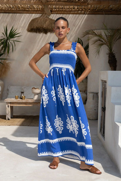 Robe d’été femme – Coton – Coupe évasée – Bretelles volantées – Longueur cheville