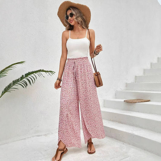 Pantalon Jupe Femme – Coupe Ample – Imprimé Fleuri – Fentes Latérales – Tissu Respirant