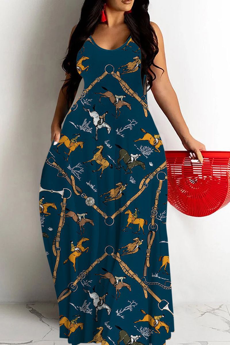 Robe longue femme – Décolleté en V – Bretelles fines – Coupe fluide – Imprimé abstrait