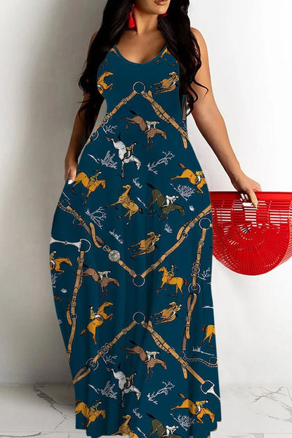 Robe longue femme – Décolleté en V – Bretelles fines – Coupe fluide – Imprimé abstrait