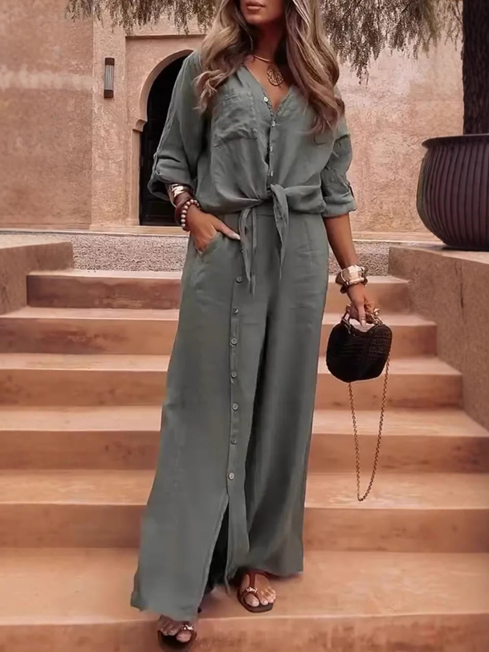 Ensemble Femme – Pantalon Large – Lin Coton – Taille Ceinturée – Boutons Asymétriques