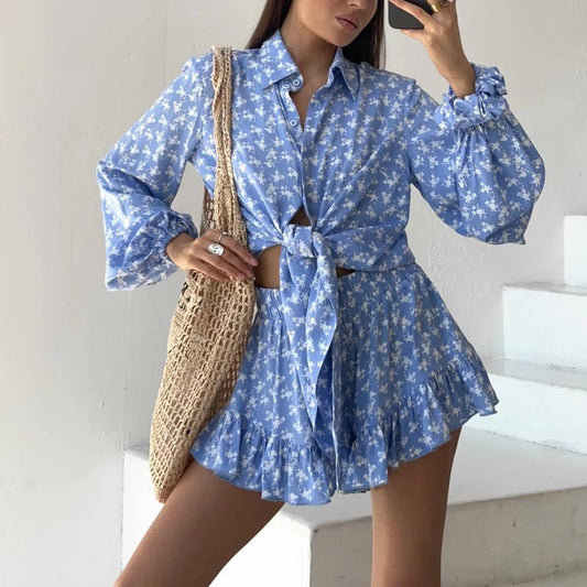 Ensemble Femme Deux Pièces – Chemise Nouée Manches Longues – Short Taille Haute Volanté