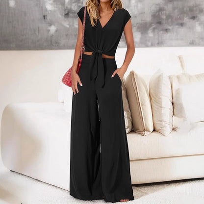 Ensemble Femme Deux Pièces – Haut Court Nœud Devant – Pantalon Large Taille Haute