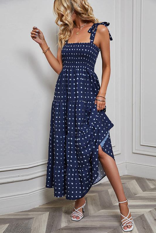 Robe longue femme – Dos nu – Bretelles à nouer – Jupe évasée à volants – Tissu léger