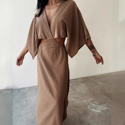 Robe longue femme – Coupe slim – Lin et coton – Fente haute – Taille ajourée
