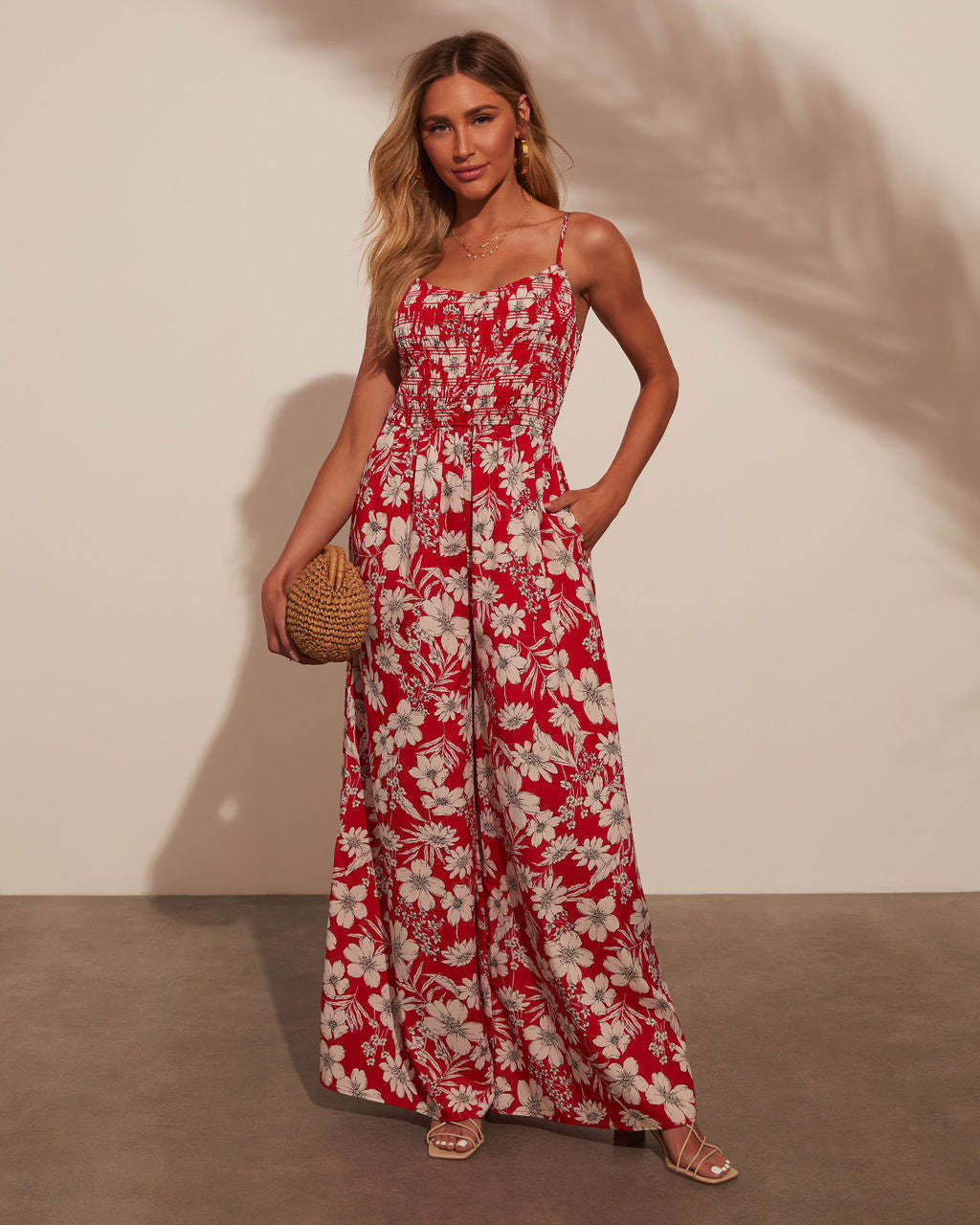 Combinaison Femme – Imprimé Floral – Coupe Large – Bretelles Fines – Haut Smocké