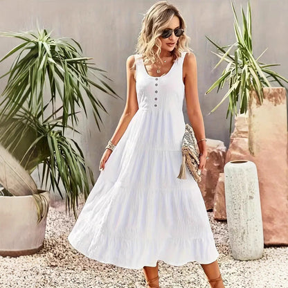 Robe longue femme – Sans manches – Coupe évasée – Tissu respirant – Jupe à volants
