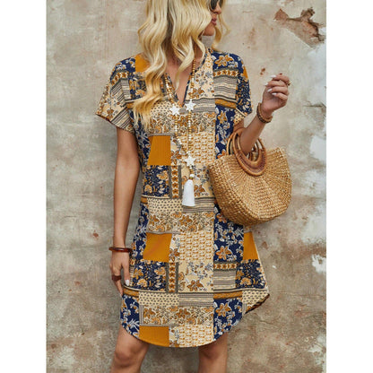 Robe femme – Coupe ample – Design patchwork – Col en V – Manches courtes – Coton