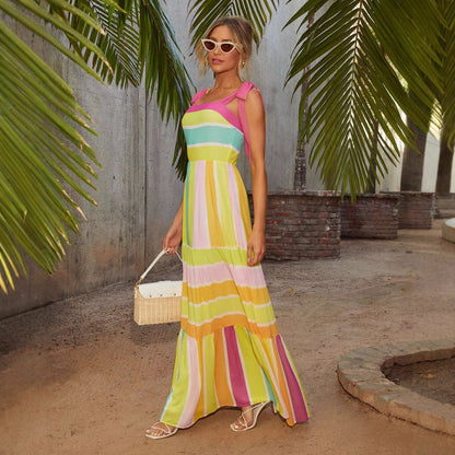 Robe longue femme – Coupe fluide – Col carré – Bretelles à nouer – Jupe à volants