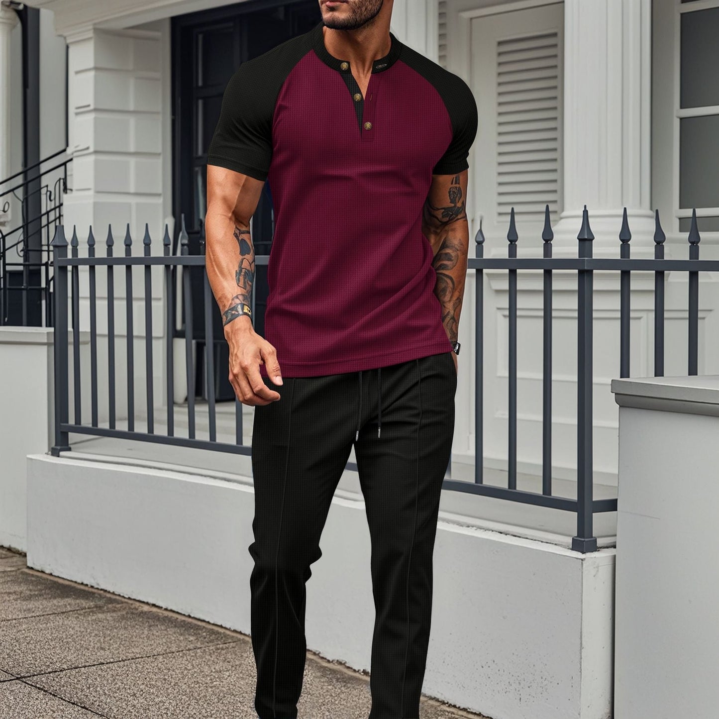 Ensemble deux pièces homme – Haut manches courtes – Coupe slim – Manches raglan – Pantalon droit – Mélange coton