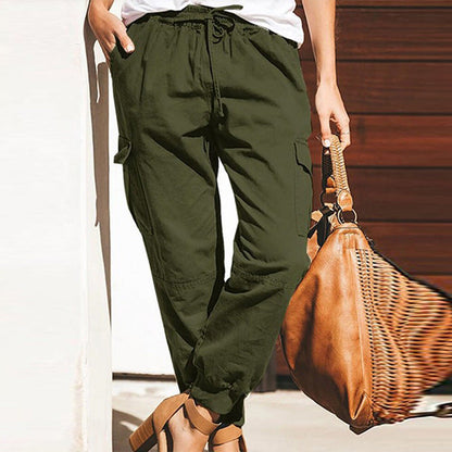 Pantalon cargo femme – Coupe décontractée – Coton – Taille élastique – Poches utilitaires