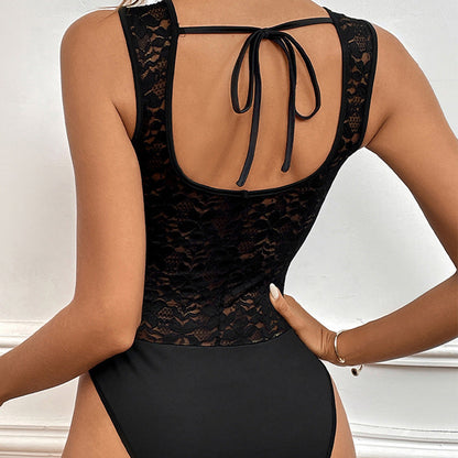 Body femme – Dentelle florale transparente – Décolleté plongeant – Sans manches – Coupe ajustée