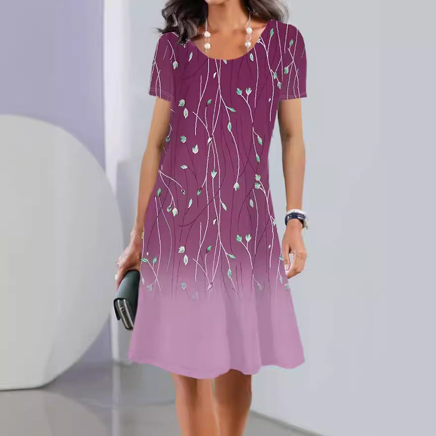 Robe femme évasée – Imprimé fleuri – Manches courtes – Coton – Longueur genou