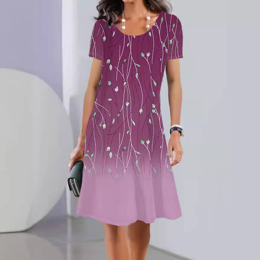 Robe femme évasée – Imprimé fleuri – Manches courtes – Coton – Longueur genou