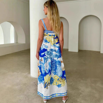 Robe longue femme – Coton – Coupe évasée – Bretelles fines à volants imprimés