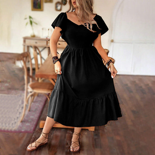 Robe femme midi – Encolure en V – Taille froncée – Manches bouffantes – Ourlet à volants