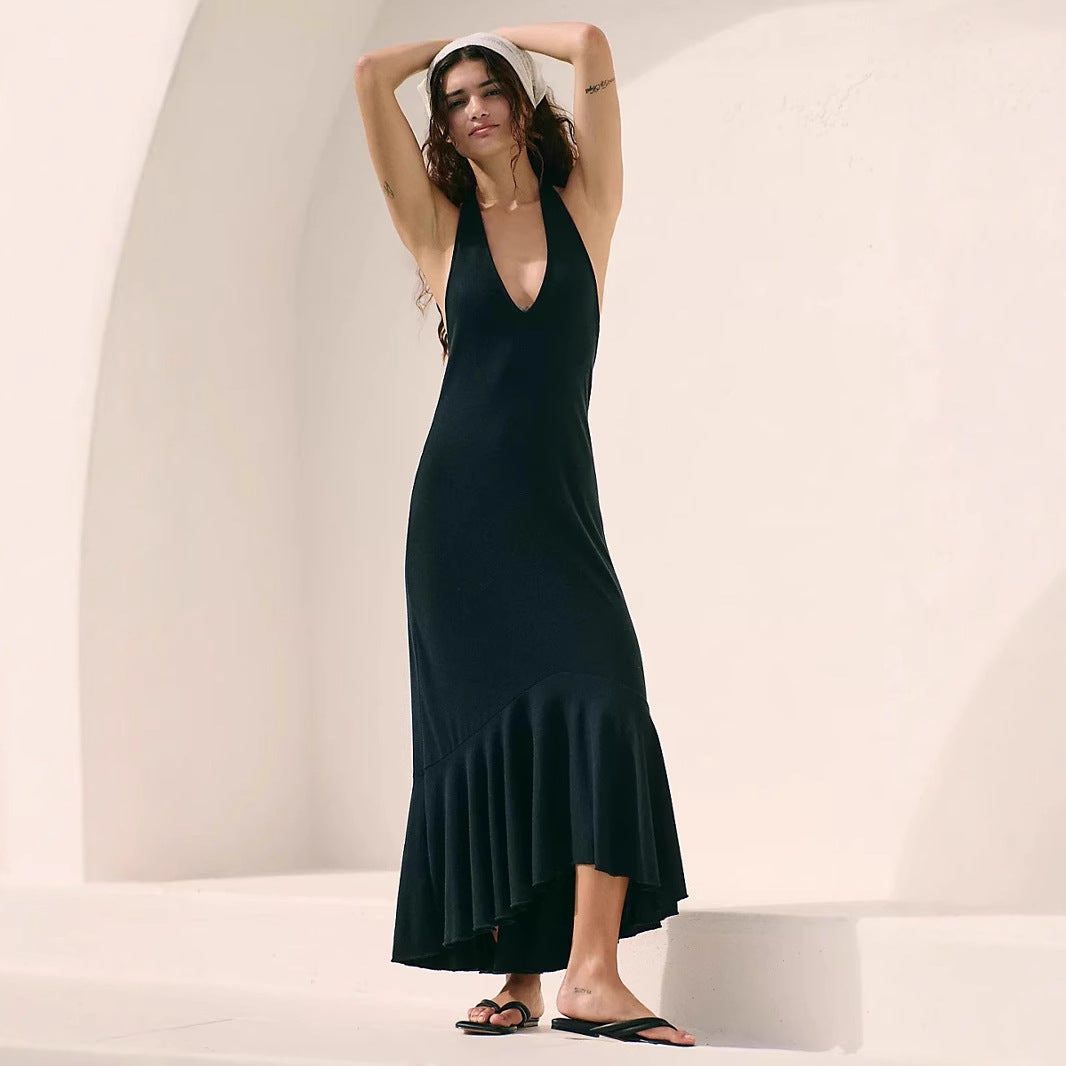 Robe longue femme – Col halter – Décolleté plongeant – Tissu fluide respirant