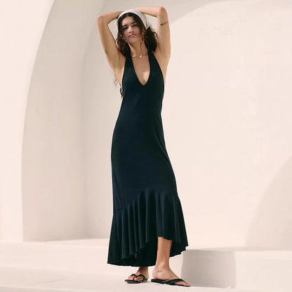 Robe longue femme – Col halter – Décolleté plongeant – Tissu fluide respirant