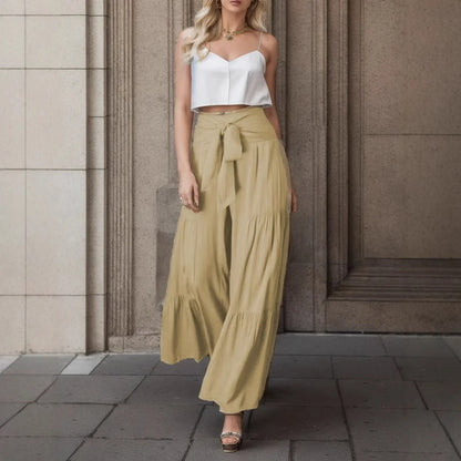 Pantalon large femme – fibres naturelles – taille haute nouée – style bohème fluide