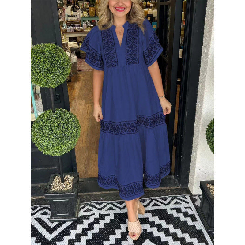 Robe mi-longue femme – Coupe ample – Col en V – Manches papillon – Imprimé bohème