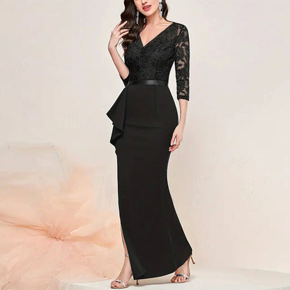 Women's evening dress – Fitted cut – Lace – High slit – Asymmetrical ruffle