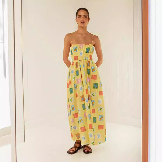 Robe Longue Femme – Épaules Dénudées – Bretelles Fines – Fronces – Coupe Fluide