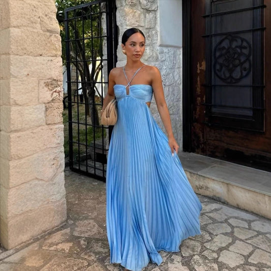 Robe longue femme – Sans bretelles – Bustier croisé – Jupe plissée fluide – Découpes